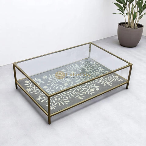 Bone Inlay Flower Design Coffee Table Grey With Tuffen Glass