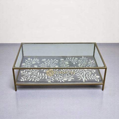 Bone Inlay Flower Design Coffee Table Grey With Tuffen Glass