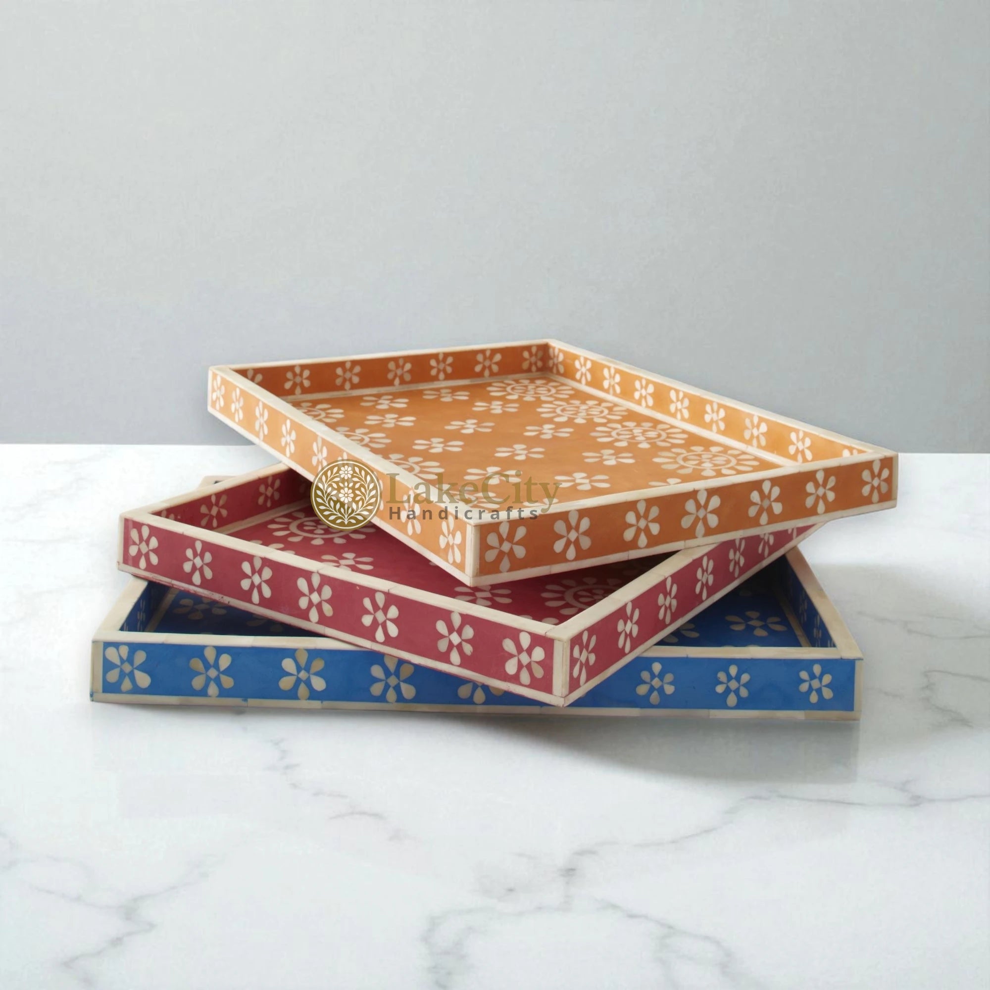 Bone Inlay Flower Pattern Serving Tray