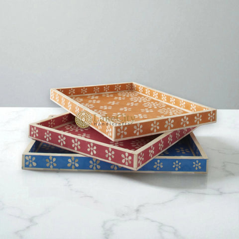 Bone Inlay Flower Pattern Serving Tray