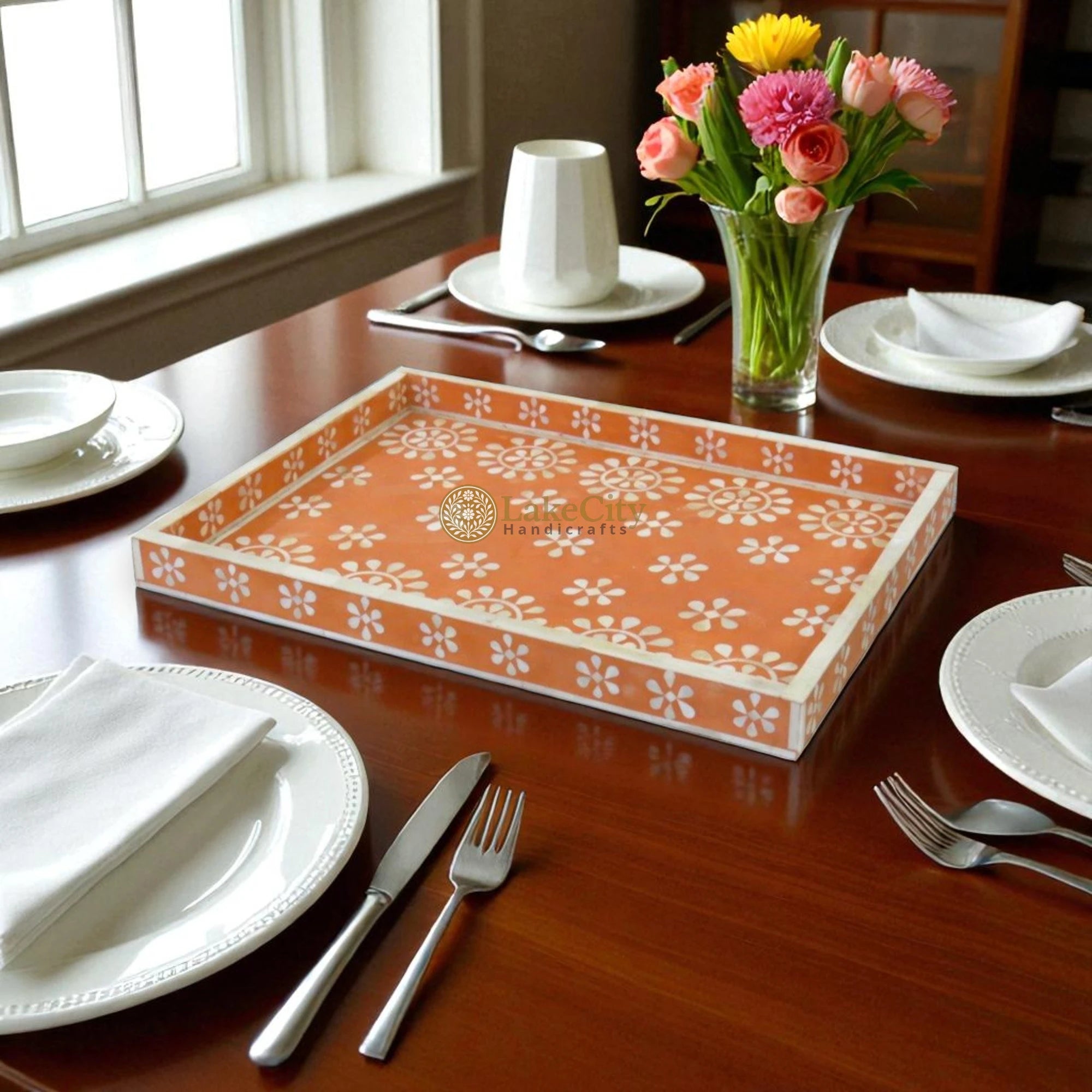 Bone Inlay Flower Pattern Serving Tray