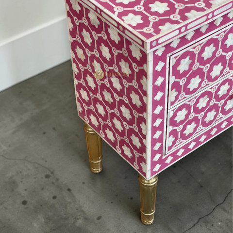 Bone Inlay Flower Design Media Console Table Pink | Entertainment Unit Pink