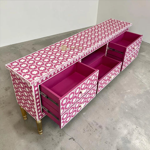 Bone Inlay Flower Design Media Console Table Pink | Entertainment Unit Pink