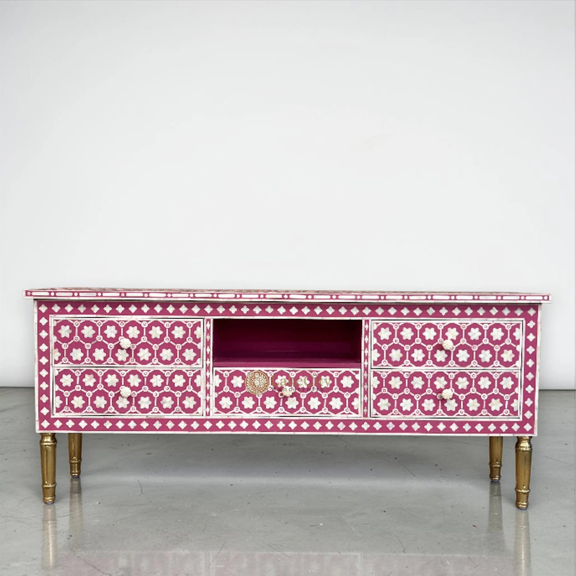 Pink Rouge Media Console Bone Inlay Flower Design Media Console Table Pink | Entertainment Unit ...