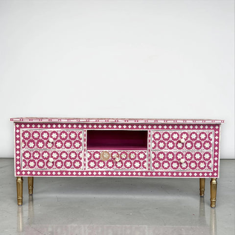 Bone Inlay Flower Design Media Console Table Pink | Entertainment Unit Pink