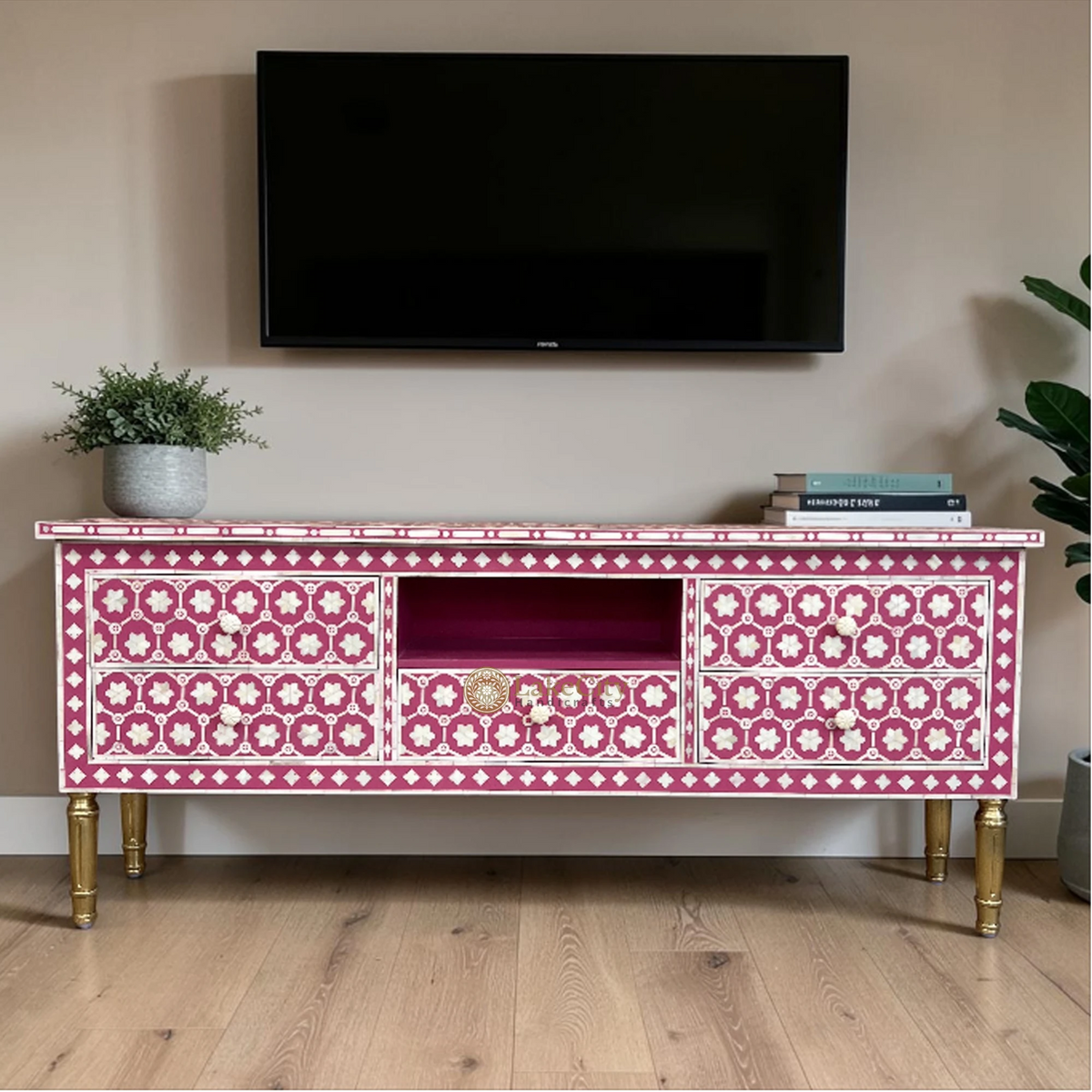 Bone Inlay Flower Design Media Console Table Pink | Entertainment Unit Pink