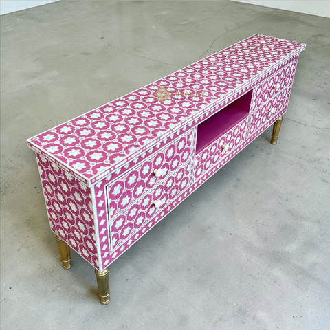 Bone Inlay Flower Design Media Console Table Pink | Entertainment Unit Pink