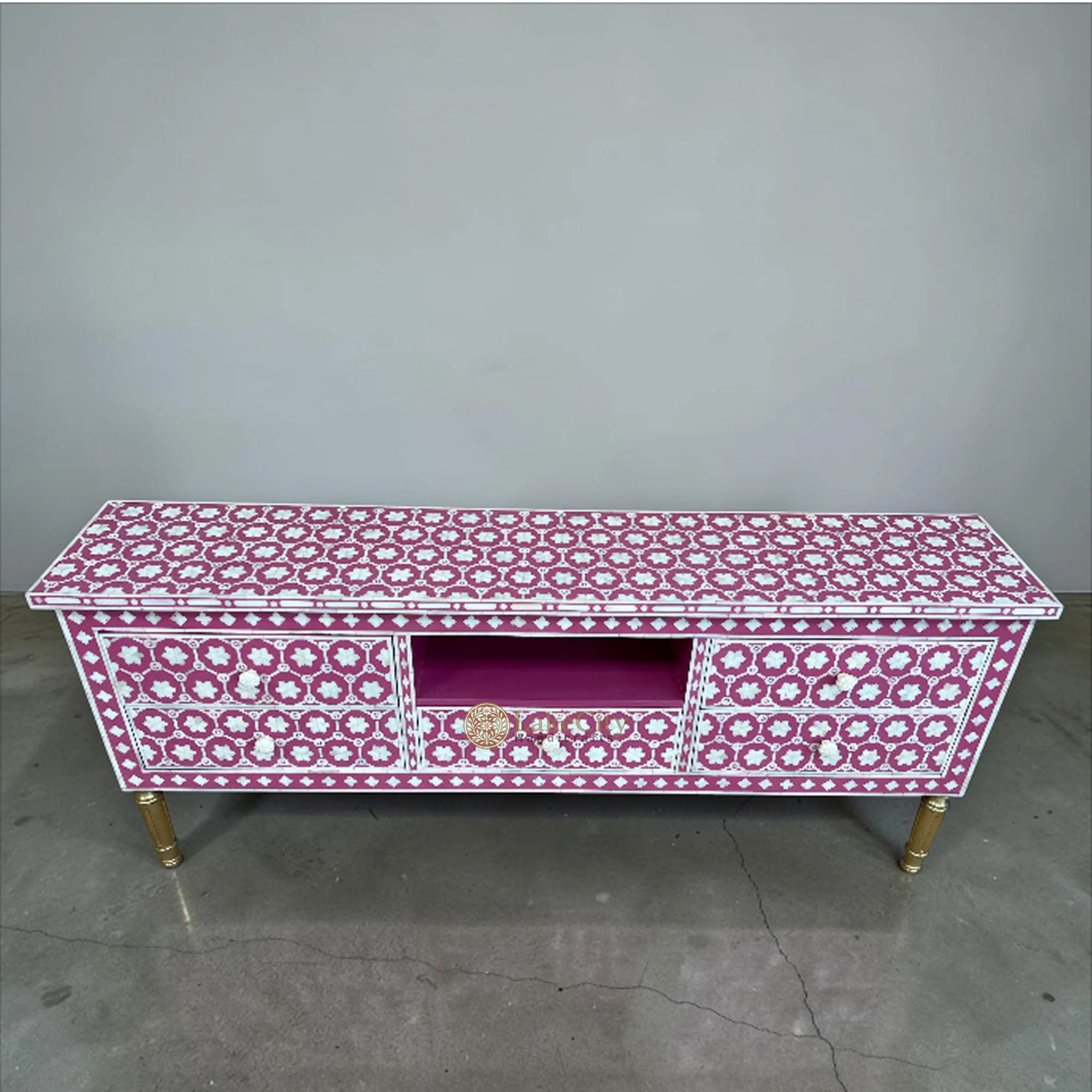 Pink Rouge Media Console Bone Inlay Flower Design Media Console Table Pink | Entertainment Unit ...