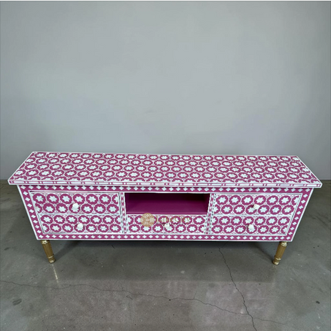 Bone Inlay Flower Design Media Console Table Pink | Entertainment Unit Pink