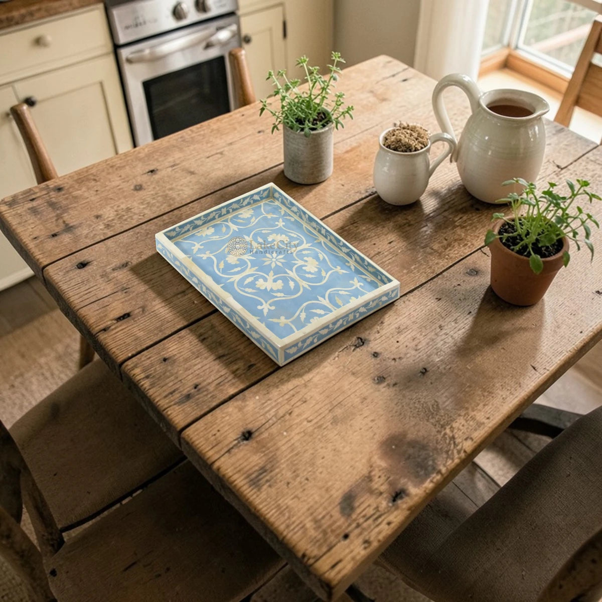 Bone Inlay Flower Tray Sky Blue