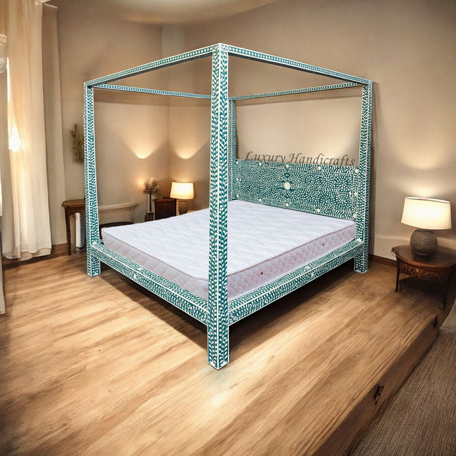 Bone Inlay Four Poster Bed Teal Green