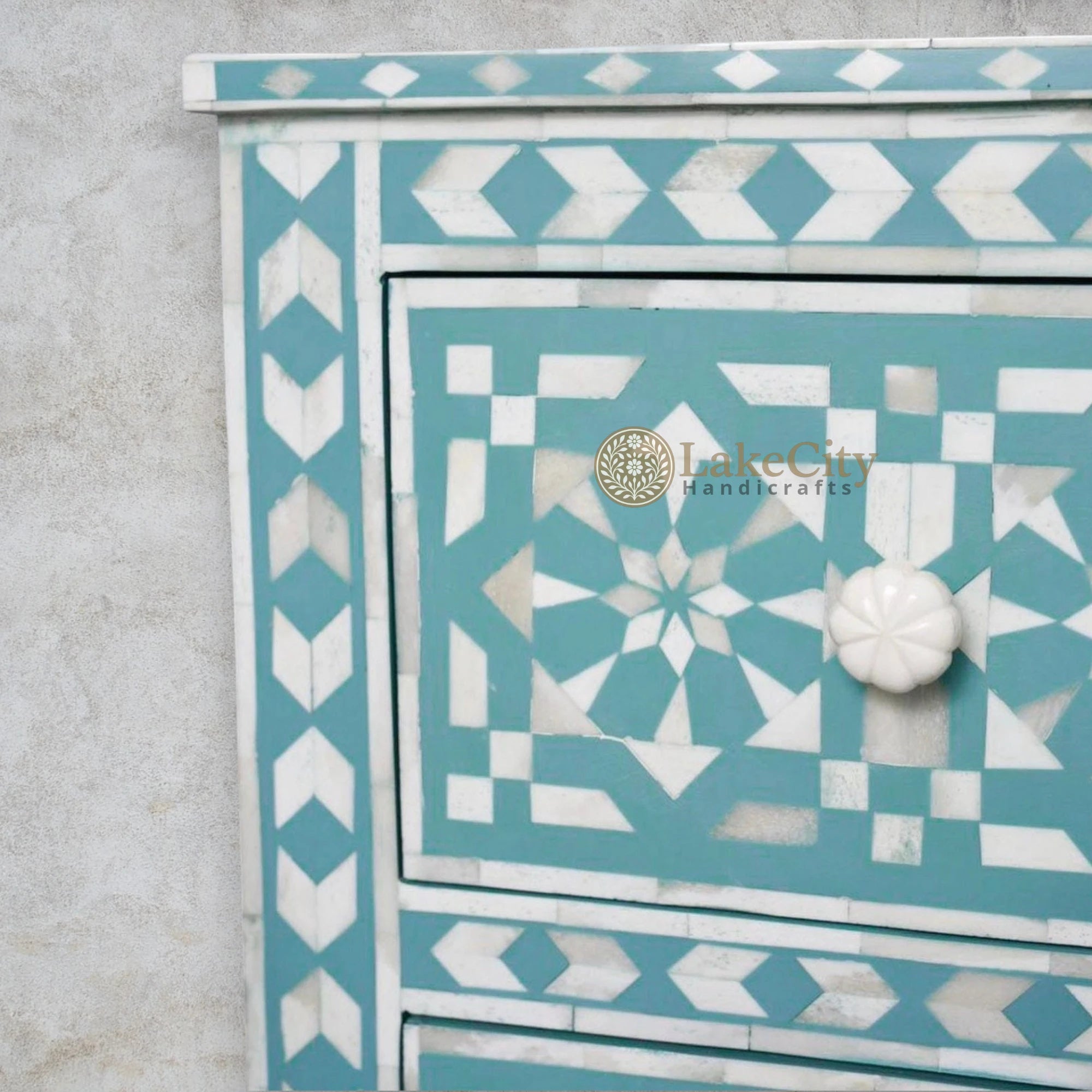 Bone Inlay Full Moroccan Design 2 Drawers Bedside Table Sage Green | Moroccan Nightstands