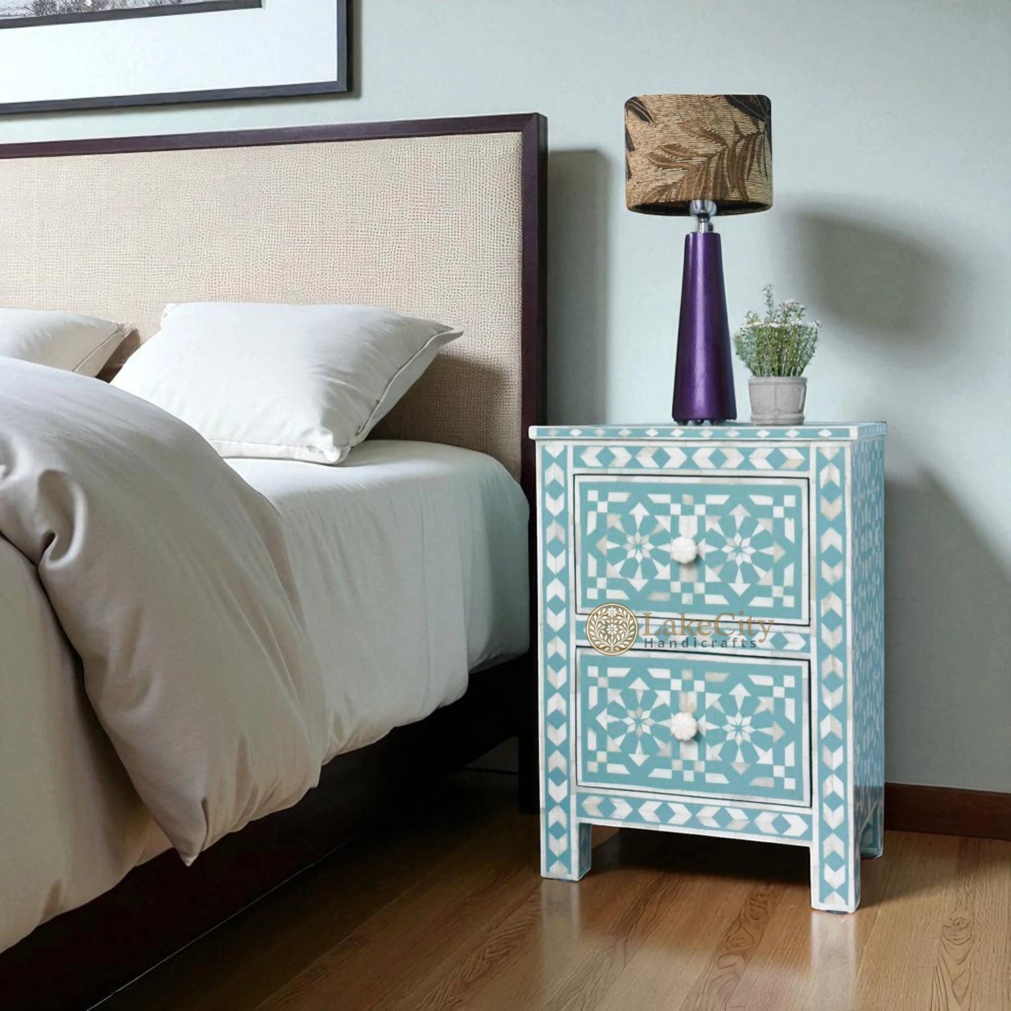 Bone Inlay Full Moroccan Design 2 Drawers Bedside Table Sage Green | Moroccan Nightstands