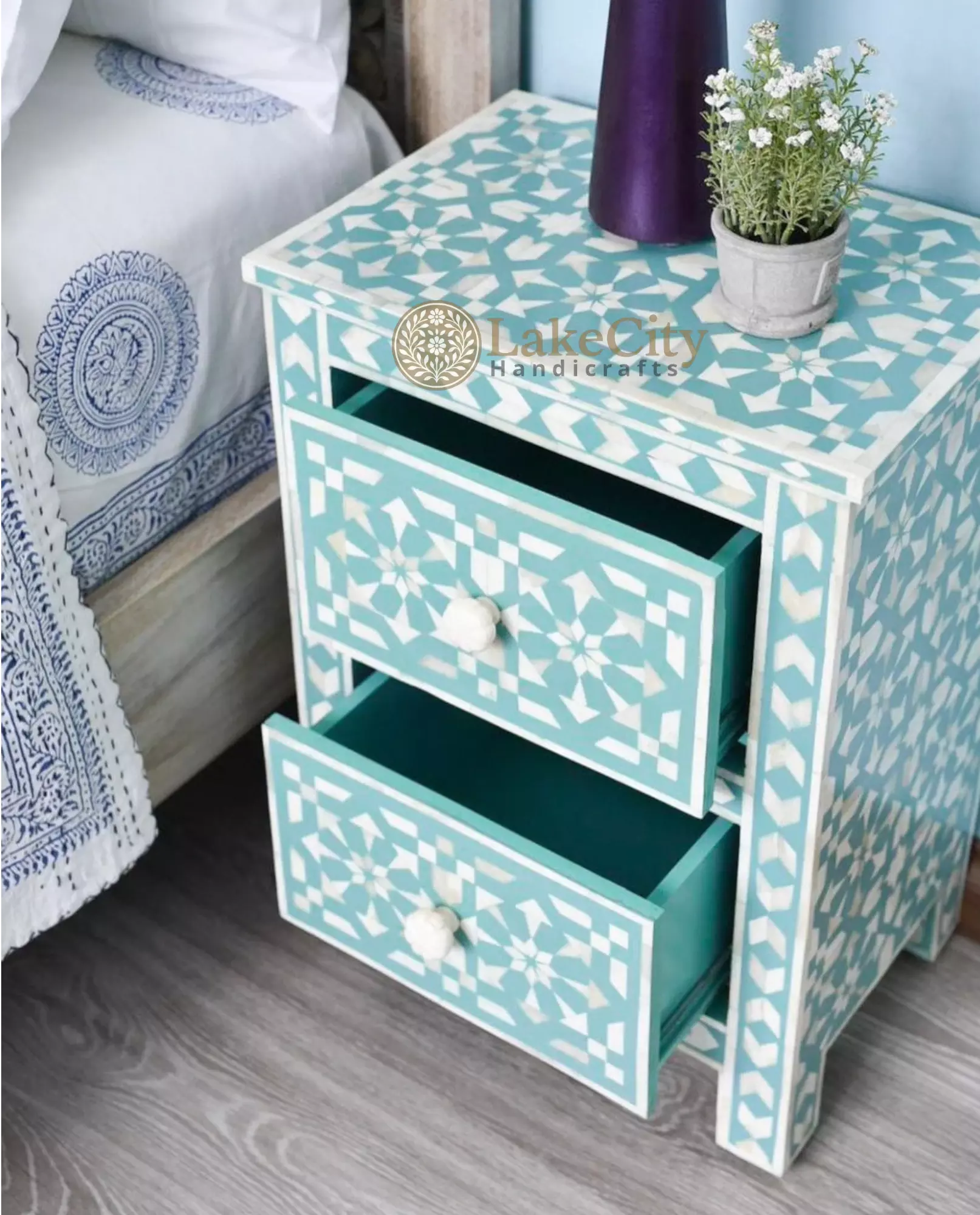 Bone Inlay Full Moroccan Design 2 Drawers Bedside Table Sage Green | Moroccan Nightstands