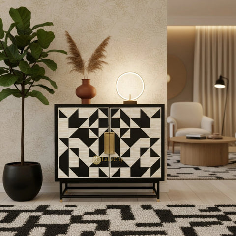 Bone Inlay Geometric 2 Door Cabinet Black