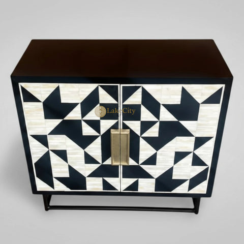 Bone Inlay Geometric 2 Door Cabinet Black