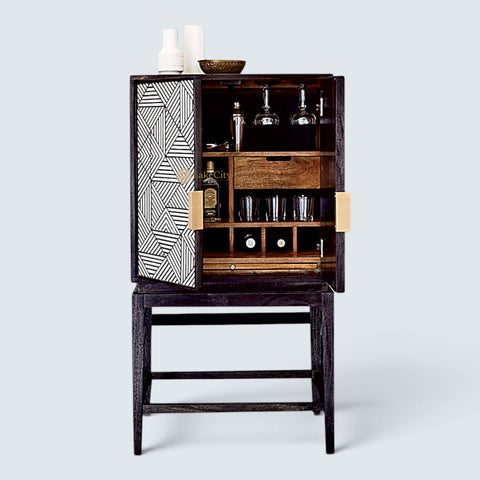 Bone Inlay Geometric Bar Cabinet Black