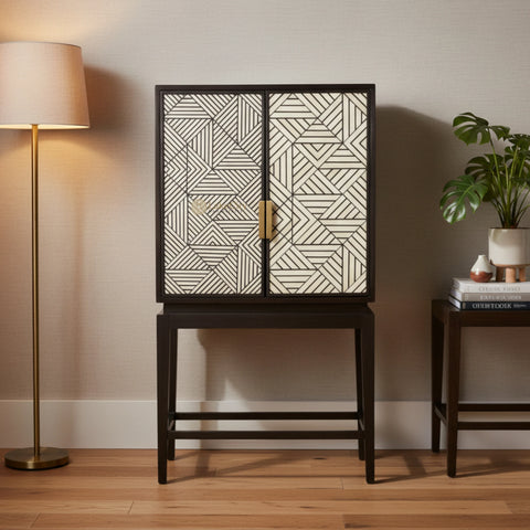 Bone Inlay Geometric Bar Cabinet Black