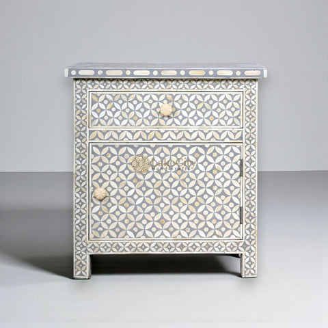 Bone Inlay Geometric Bedside 1 Drawer 1 Door Grey