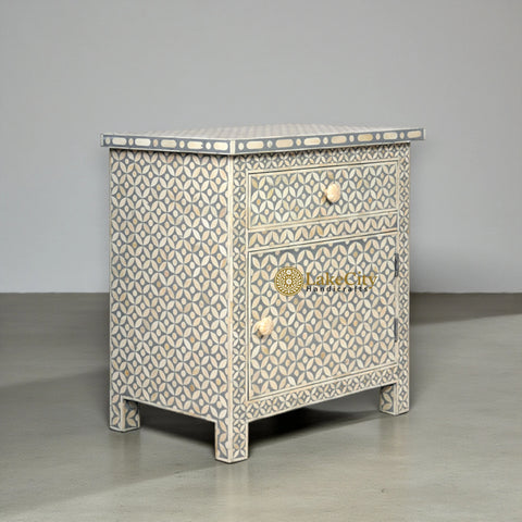 Bone Inlay Geometric Bedside 1 Drawer 1 Door Grey