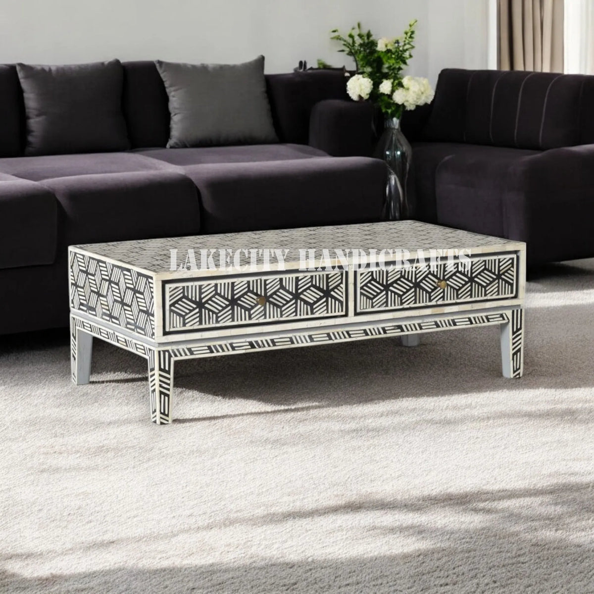 Bone Inlay Geometric Cubic Design Coffee Table Black | Bone Inlay Geometric Cubic Design Center Table Black