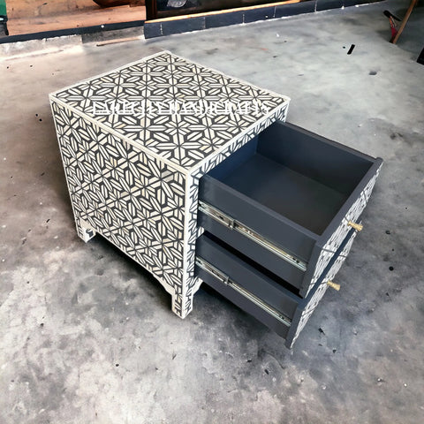Hope Bone Inlay 2 Drawer Large Bedside Dark Grey | Grey Nightstand