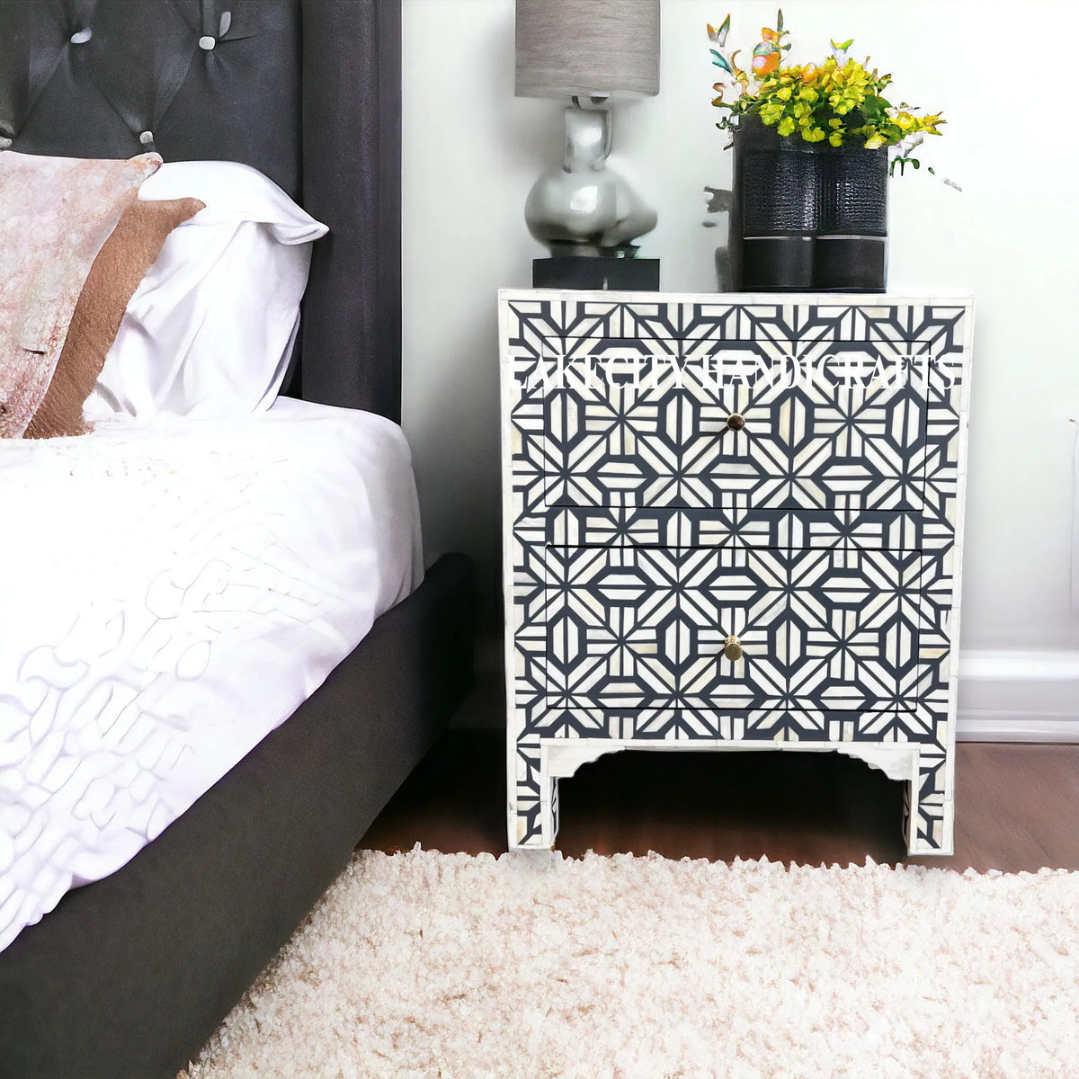Hope Bone Inlay 2 Drawer Large Bedside Dark Grey | Grey Nightstand