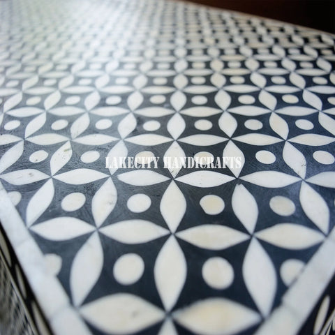 Bone Inlay Geometric Design 2 Drawers Bedside Table Large Black