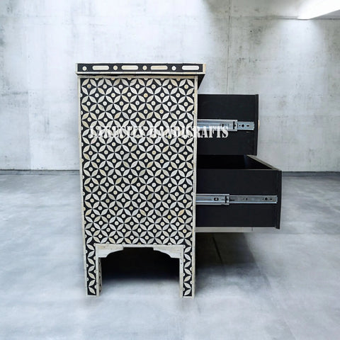 Bone Inlay Geometric Design 2 Drawers Bedside Table Large Black