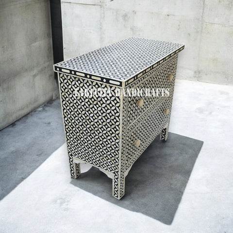 Bone Inlay Geometric Design 2 Drawers Bedside Table Large Black