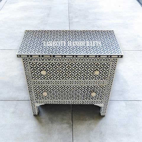 Bone Inlay Geometric Design 2 Drawers Bedside Table Large Black