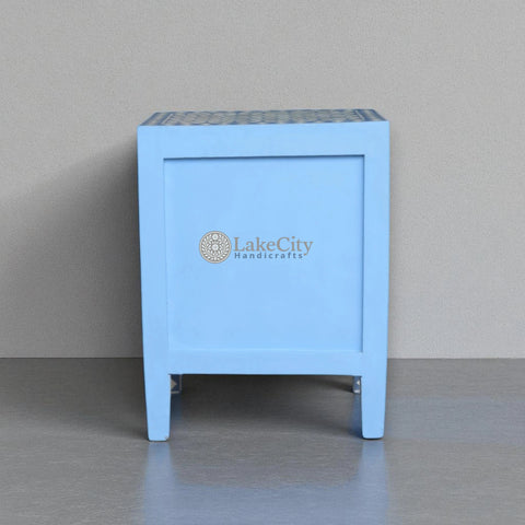Bone Inlay Geometric Design 3 Drawers Bedside Table Blue