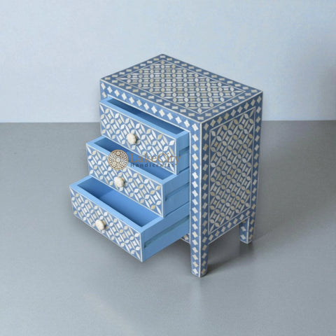 Bone Inlay Geometric Design 3 Drawers Bedside Table Blue