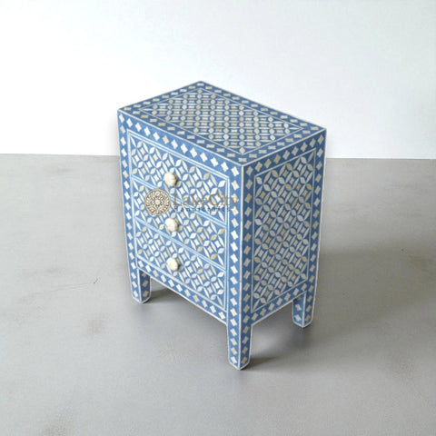 Bone Inlay Geometric Design 3 Drawers Bedside Table Blue