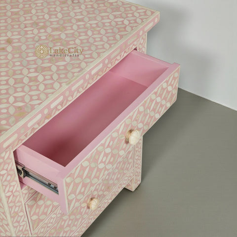 Pink Bone Inlay 3 Drawer Bedside Geometric