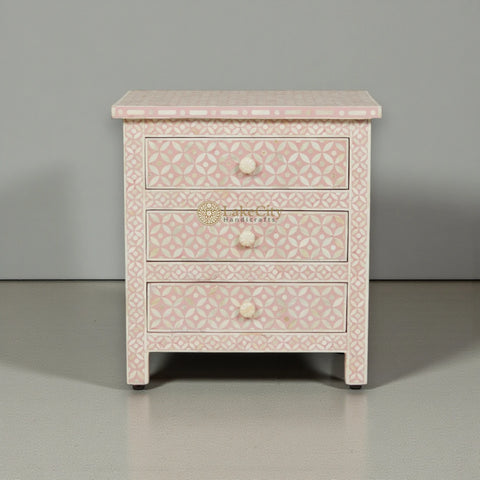 Pink Bone Inlay 3 Drawer Bedside Geometric