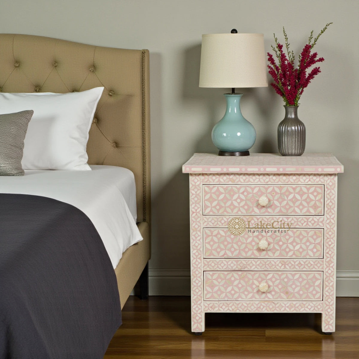 Pink Bone Inlay 3 Drawer Bedside Geometric