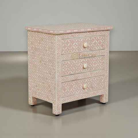 Pink Bone Inlay 3 Drawer Bedside Geometric