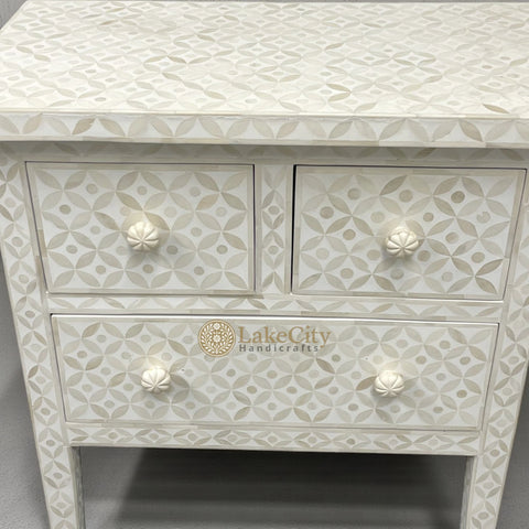 Geometric Bone Inlay 3 Drawer Nightstand White