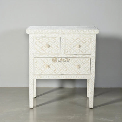 Geometric Bone Inlay 3 Drawer Nightstand White