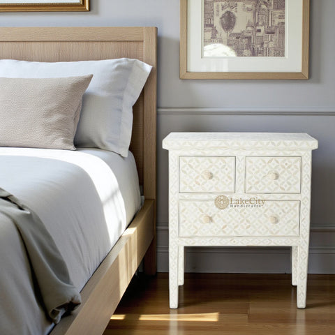 Geometric Bone Inlay 3 Drawer Nightstand White