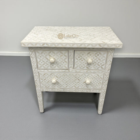 Geometric Bone Inlay 3 Drawer Nightstand White