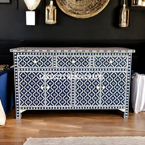 Bone Inlay Arctic Design 3 Drawers & 4 Doors Sideboard Table Indigo Blue