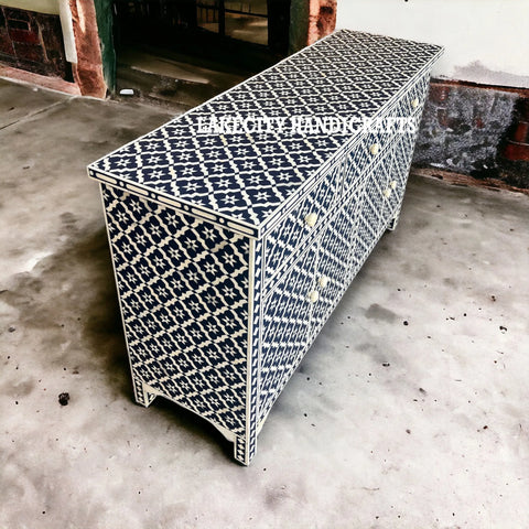 Bone Inlay Arctic Design 3 Drawers & 4 Doors Sideboard Table Indigo Blue