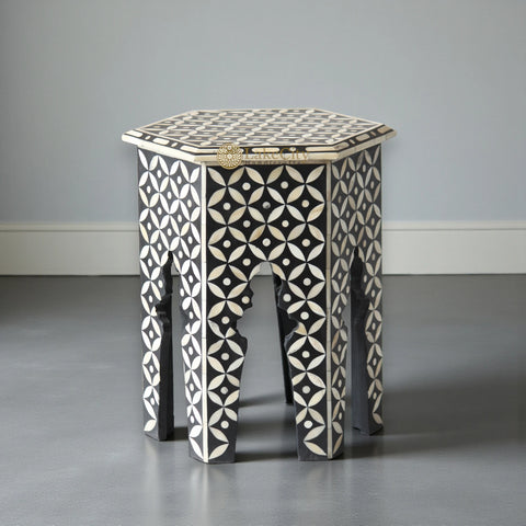Bone Inlay Geometric Design Hexagonal Table Black