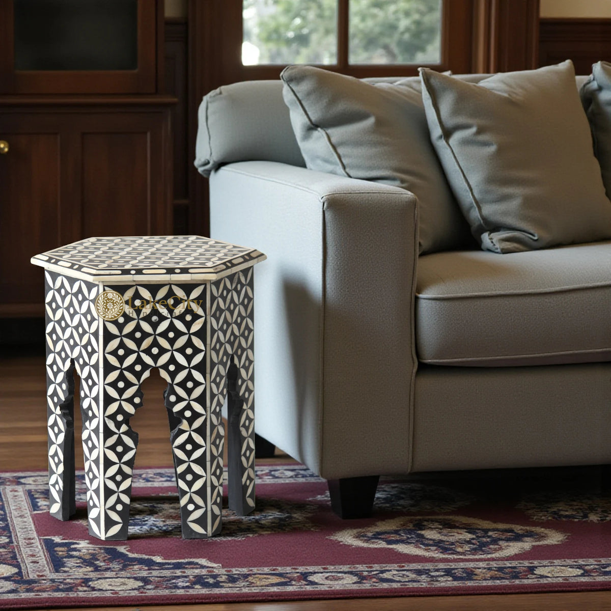Bone Inlay Geometric Design Hexagonal Table Black