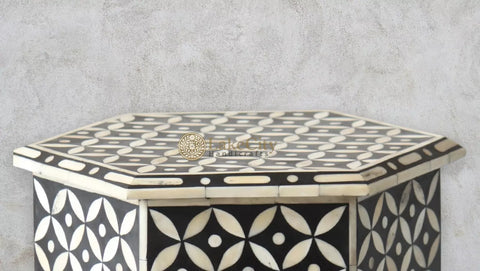 Bone Inlay Geometric Design Hexagonal Table Black
