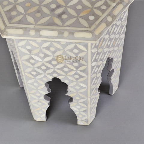 Bone Inlay Geometric Design Hexagonal Table Grey