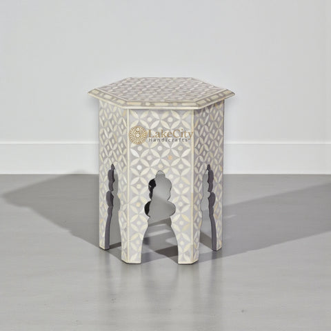 Bone Inlay Geometric Design Hexagonal Table Grey