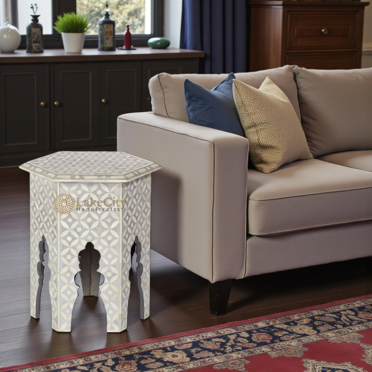 Bone Inlay Geometric Design Hexagonal Table Grey